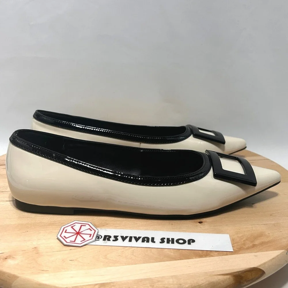 JF Women's Cream Black Patent Leather Slip On Pointed Toe Ballet Flats NWOB - 7